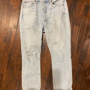 Agolde Blue Boyfriend Jeans with Distressed Detailing and Straight Leg Cut